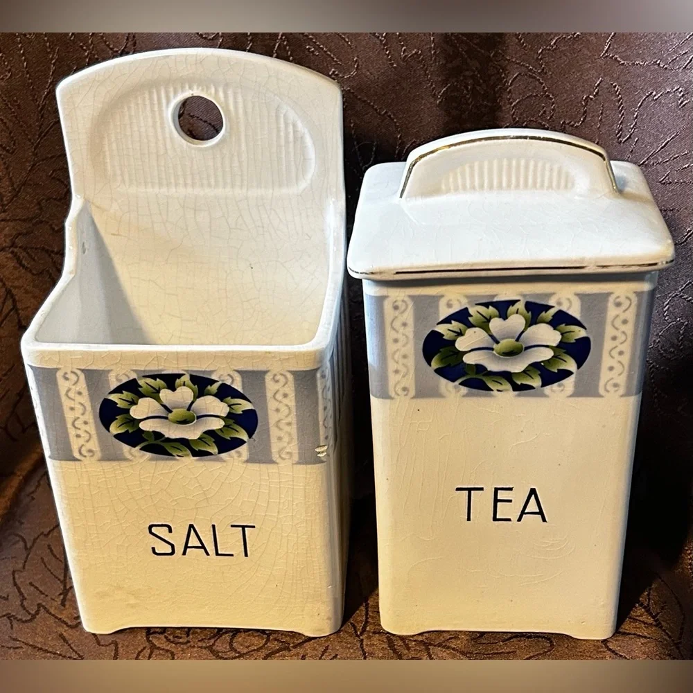 vintage ceramic canister set,hanging salt container and a covered tea container